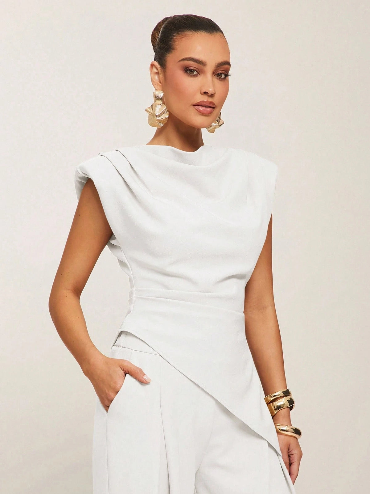 Silquee Women's Casual Commuter Minimalist Solid Color Waist Cinched Asymmetric Hem Blouse White Draped Top White Classy Top