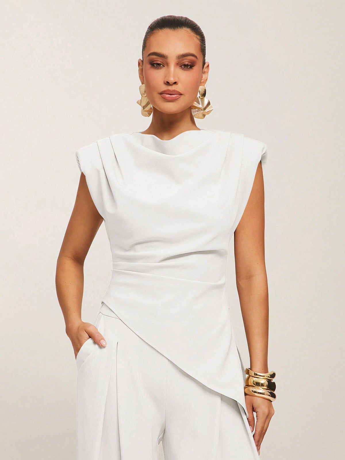 Silquee Women's Casual Commuter Minimalist Solid Color Waist Cinched Asymmetric Hem Blouse White Draped Top White Classy Top