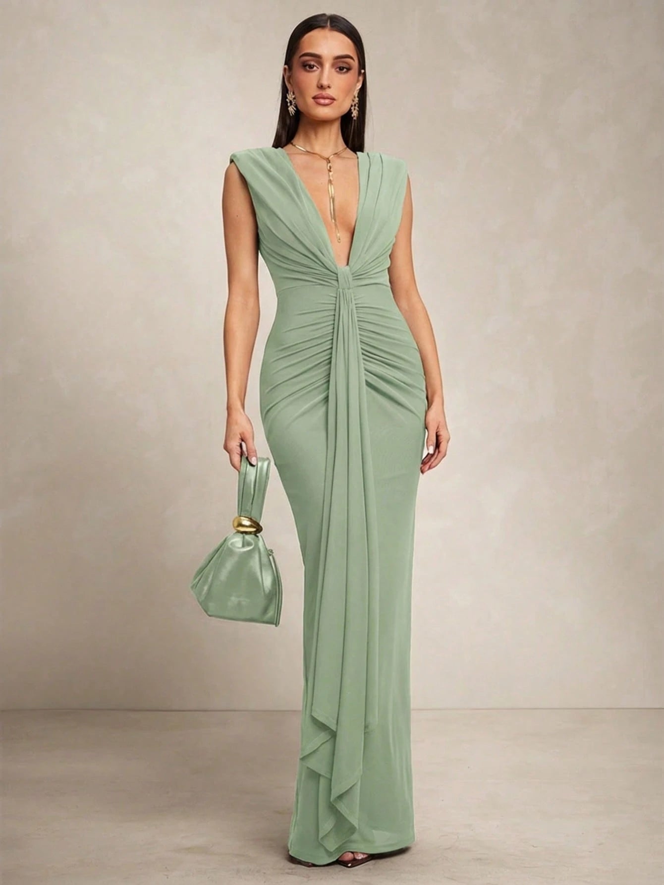 Silquee Women's Solid Color Deep V-Neck Ruched Waist Elegant Long Dress For Party,Summer Dresses For Women