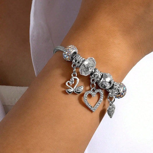 Silver Swan & Heart Charm Necklace And Bracelet For Women- Cute Y2K Silver Bracelet, Womens Necklaces For Girlfriend, Party & Daily Commute