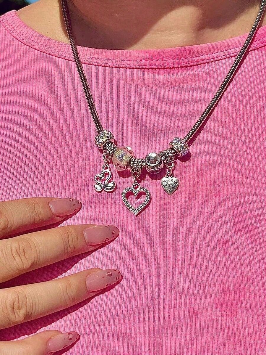 Silver Swan & Heart Charm Necklace And Bracelet For Women- Cute Y2K Silver Bracelet, Womens Necklaces For Girlfriend, Party & Daily Commute
