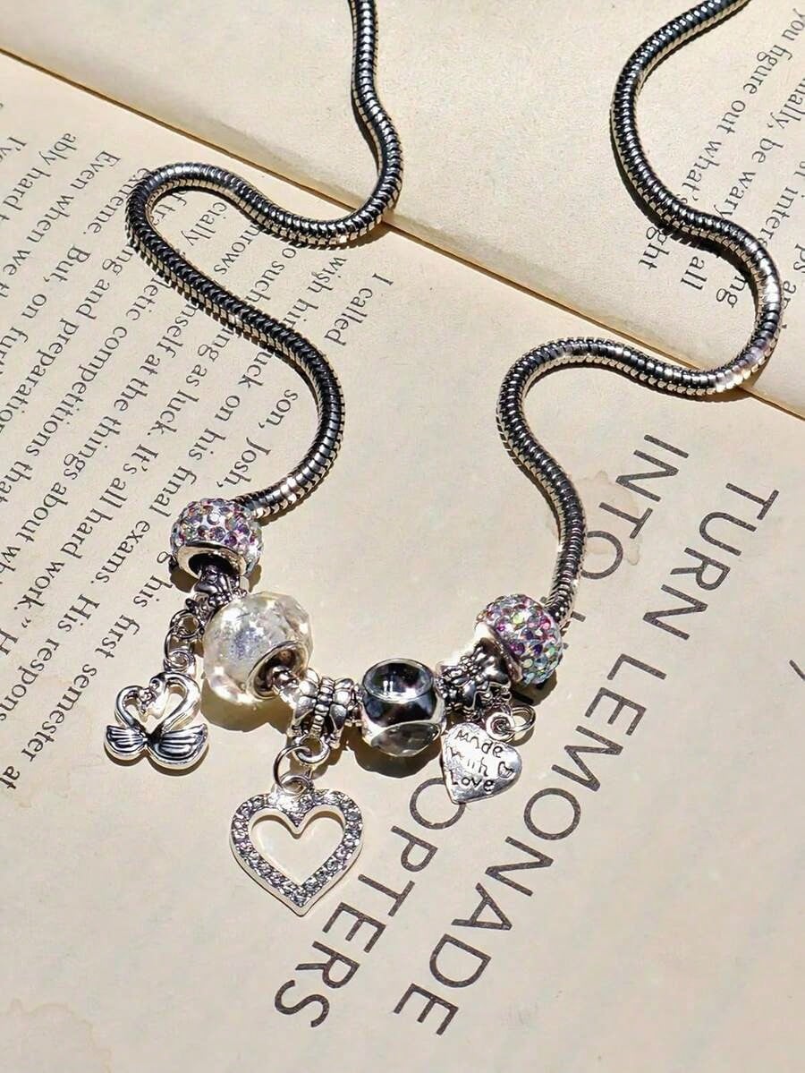 Silver Swan & Heart Charm Necklace And Bracelet For Women- Cute Y2K Silver Bracelet, Womens Necklaces For Girlfriend, Party & Daily Commute