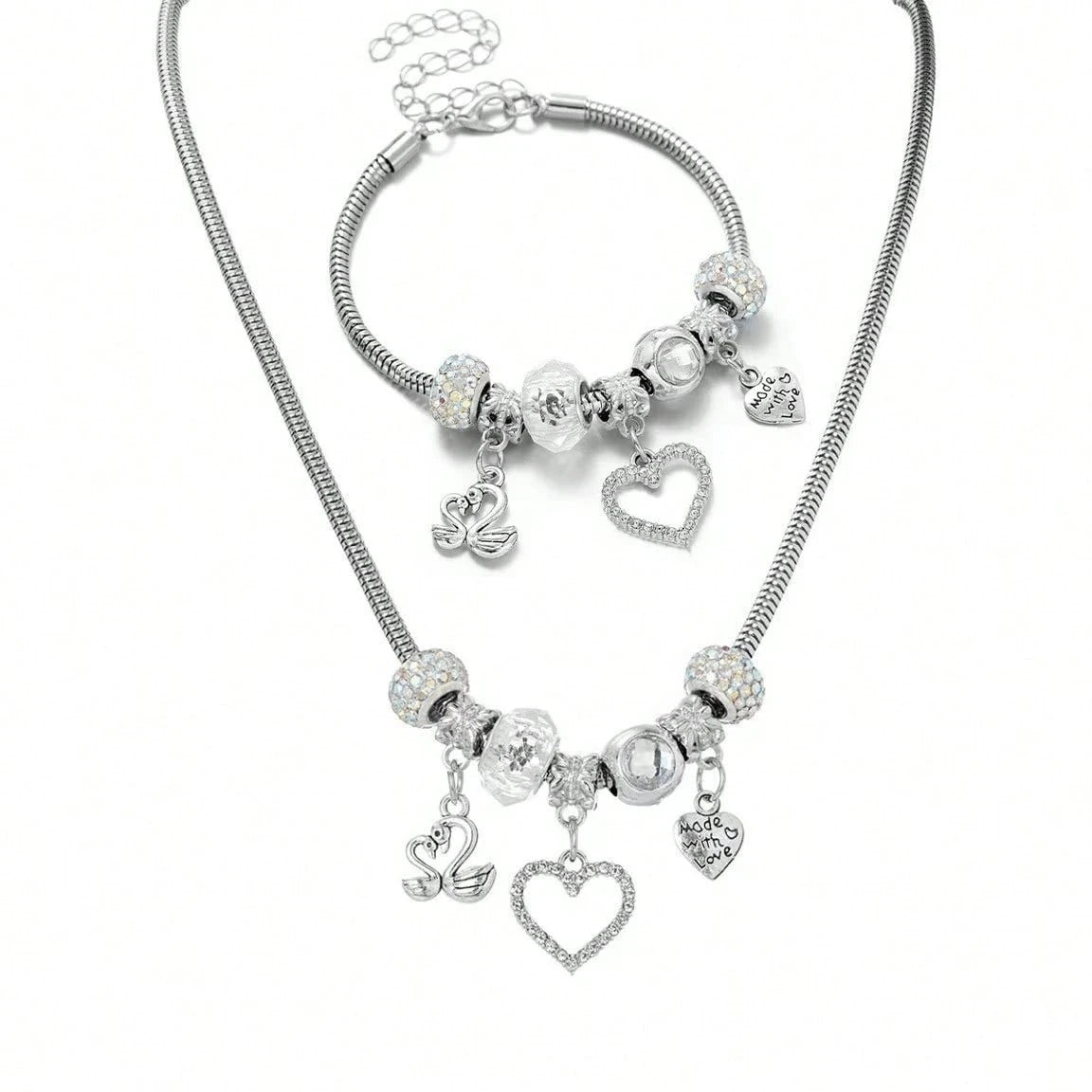 Silver Swan & Heart Charm Necklace And Bracelet For Women- Cute Y2K Silver Bracelet, Womens Necklaces For Girlfriend, Party & Daily Commute