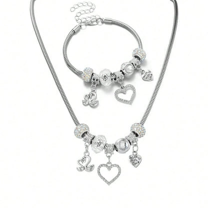 Silver Swan & Heart Charm Necklace And Bracelet For Women- Cute Y2K Silver Bracelet, Womens Necklaces For Girlfriend, Party & Daily Commute