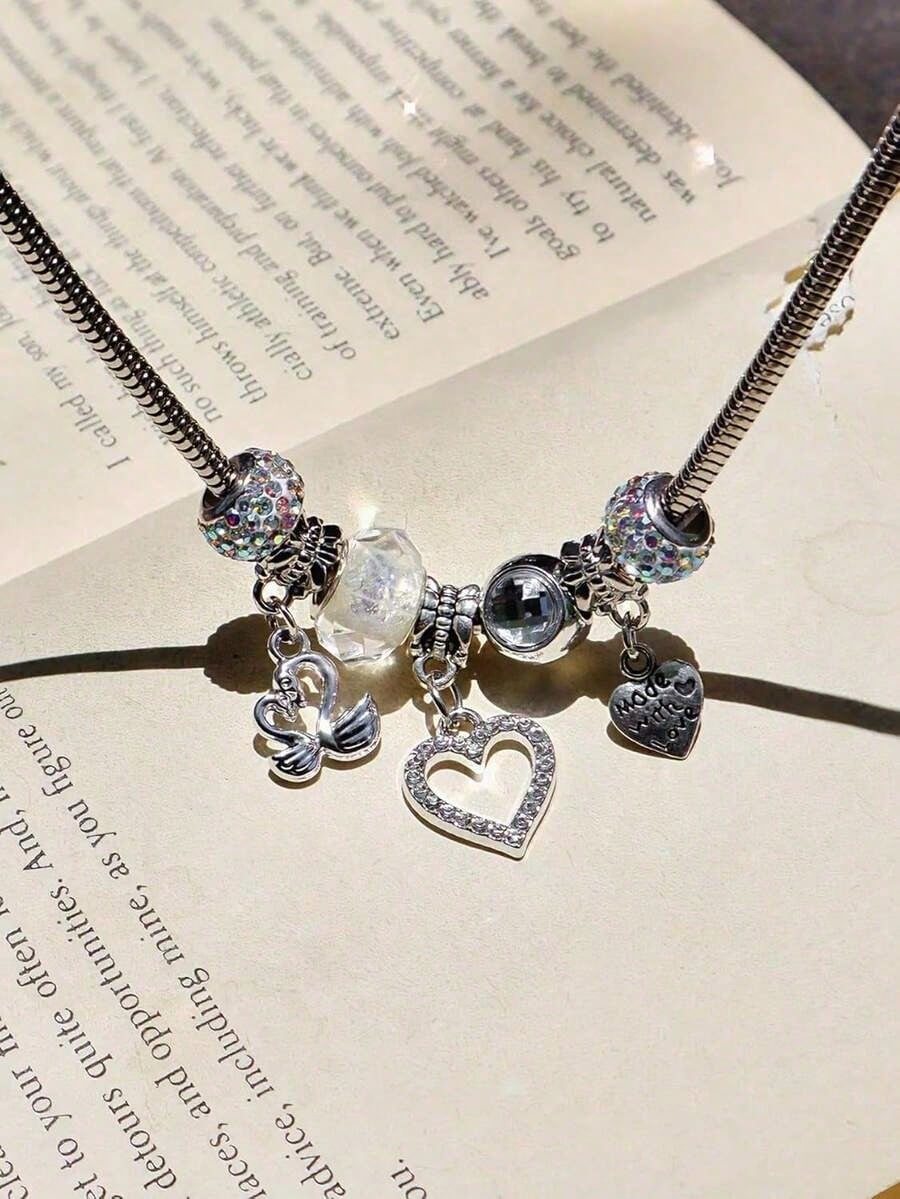 Silver Swan & Heart Charm Necklace And Bracelet For Women- Cute Y2K Silver Bracelet, Womens Necklaces For Girlfriend, Party & Daily Commute