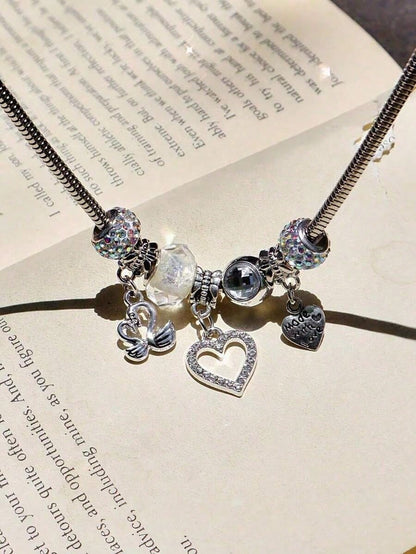 Silver Swan & Heart Charm Necklace And Bracelet For Women- Cute Y2K Silver Bracelet, Womens Necklaces For Girlfriend, Party & Daily Commute