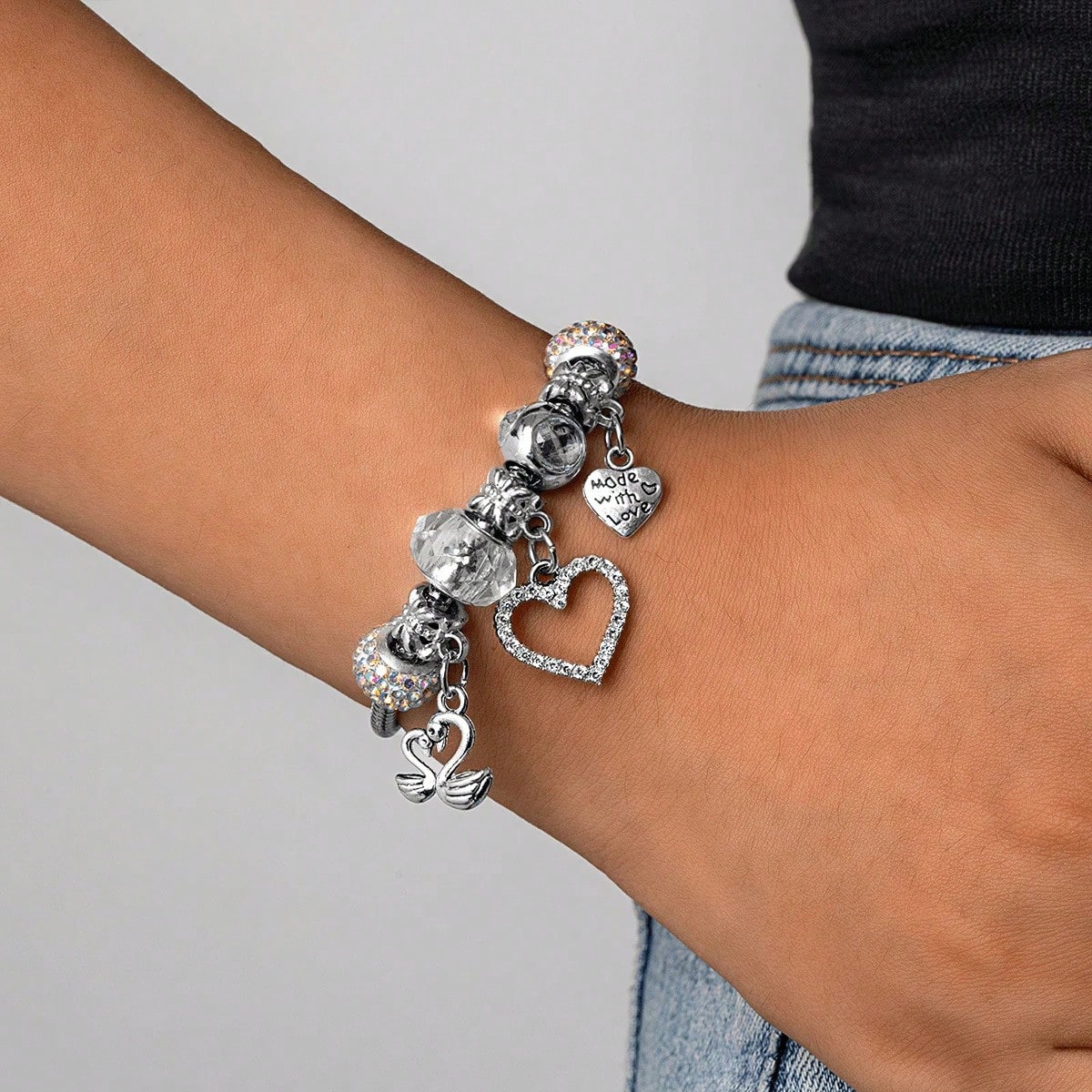 Silver Swan & Heart Charm Necklace And Bracelet For Women- Cute Y2K Silver Bracelet, Womens Necklaces For Girlfriend, Party & Daily Commute