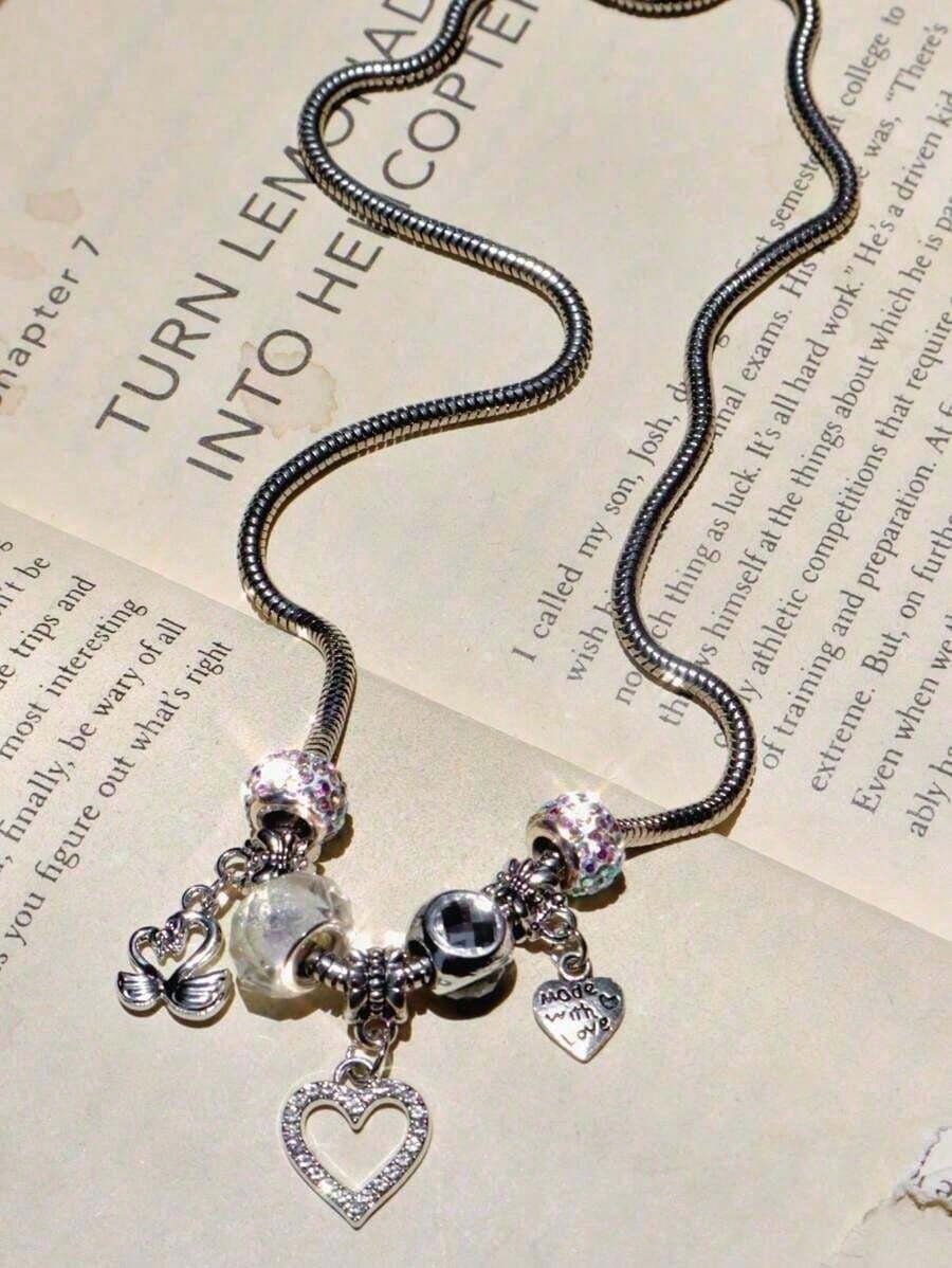 Silver Swan & Heart Charm Necklace And Bracelet For Women- Cute Y2K Silver Bracelet, Womens Necklaces For Girlfriend, Party & Daily Commute