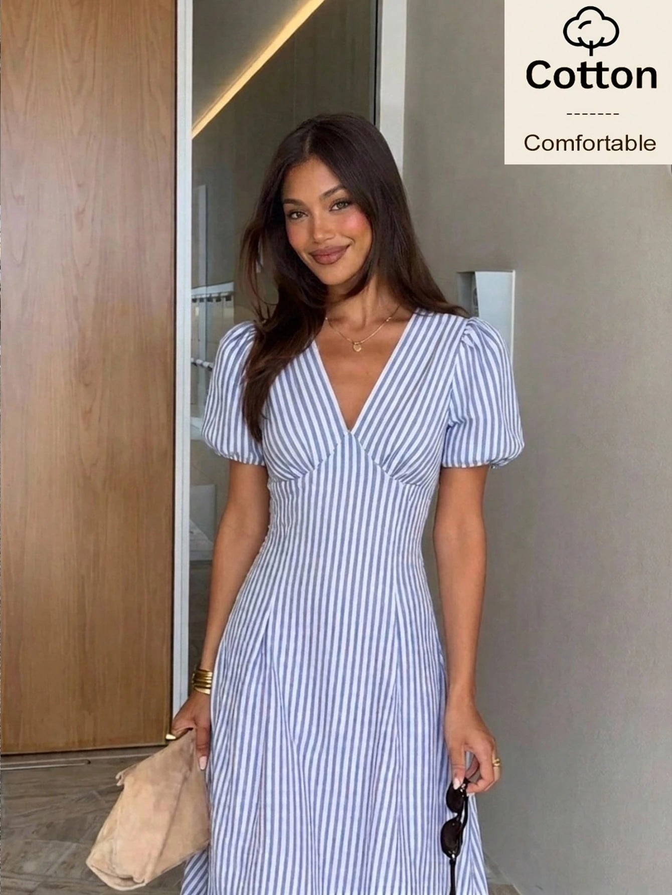 Siren Gaze Cotton Women Blue White Striped Petal Sleeve Midi Dress Summer Elegant French Romantic V Neck A-Line Holiday Tea Party Vacation Casual Commuting