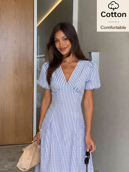 Siren Gaze Cotton Women Blue White Striped Petal Sleeve Midi Dress Summer Elegant French Romantic V Neck A-Line Holiday Tea Party Vacation Casual Commuting