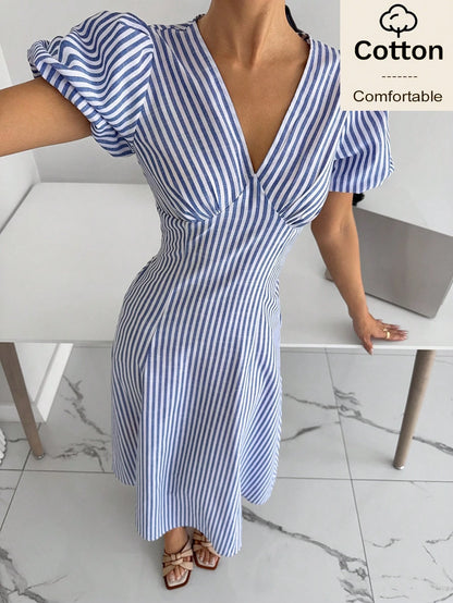 Siren Gaze Cotton Women Blue White Striped Petal Sleeve Midi Dress Summer Elegant French Romantic V Neck A-Line Holiday Tea Party Vacation Casual Commuting