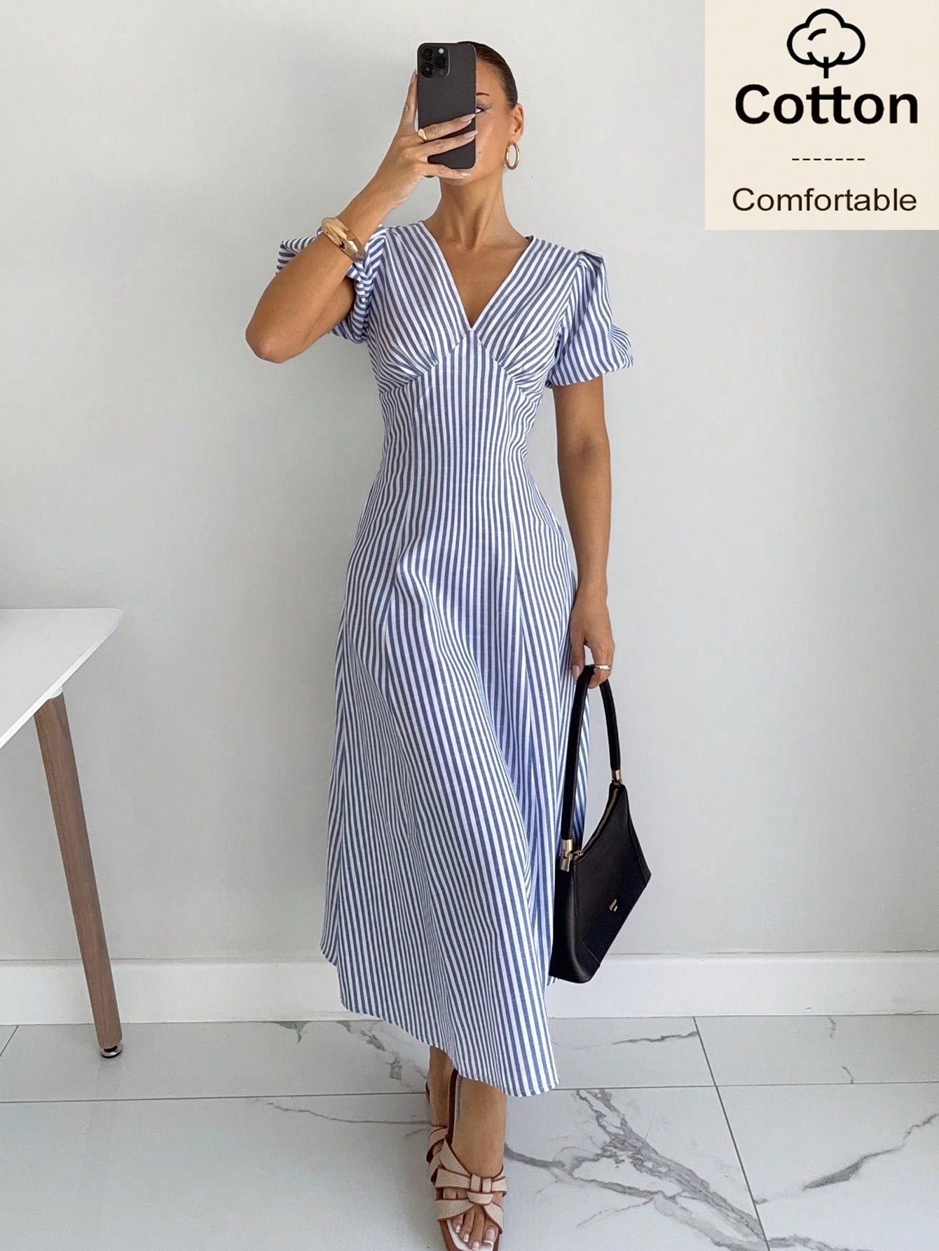 Siren Gaze Cotton Women Blue White Striped Petal Sleeve Midi Dress Summer Elegant French Romantic V Neck A-Line Holiday Tea Party Vacation Casual Commuting