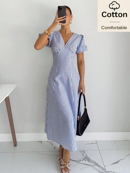 Siren Gaze Cotton Women Blue White Striped Petal Sleeve Midi Dress Summer Elegant French Romantic V Neck A-Line Holiday Tea Party Vacation Casual Commuting