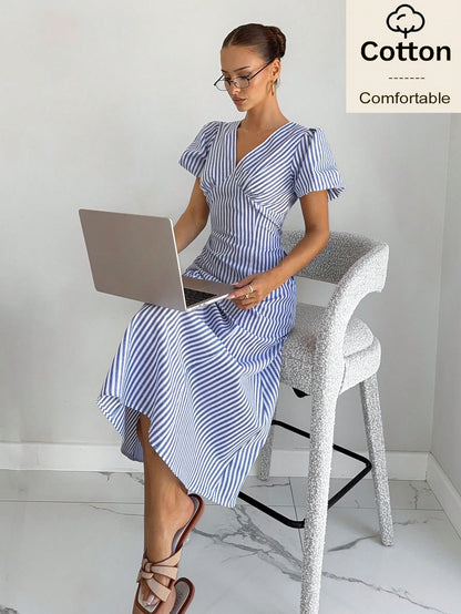 Siren Gaze Cotton Women Blue White Striped Petal Sleeve Midi Dress Summer Elegant French Romantic V Neck A-Line Holiday Tea Party Vacation Casual Commuting
