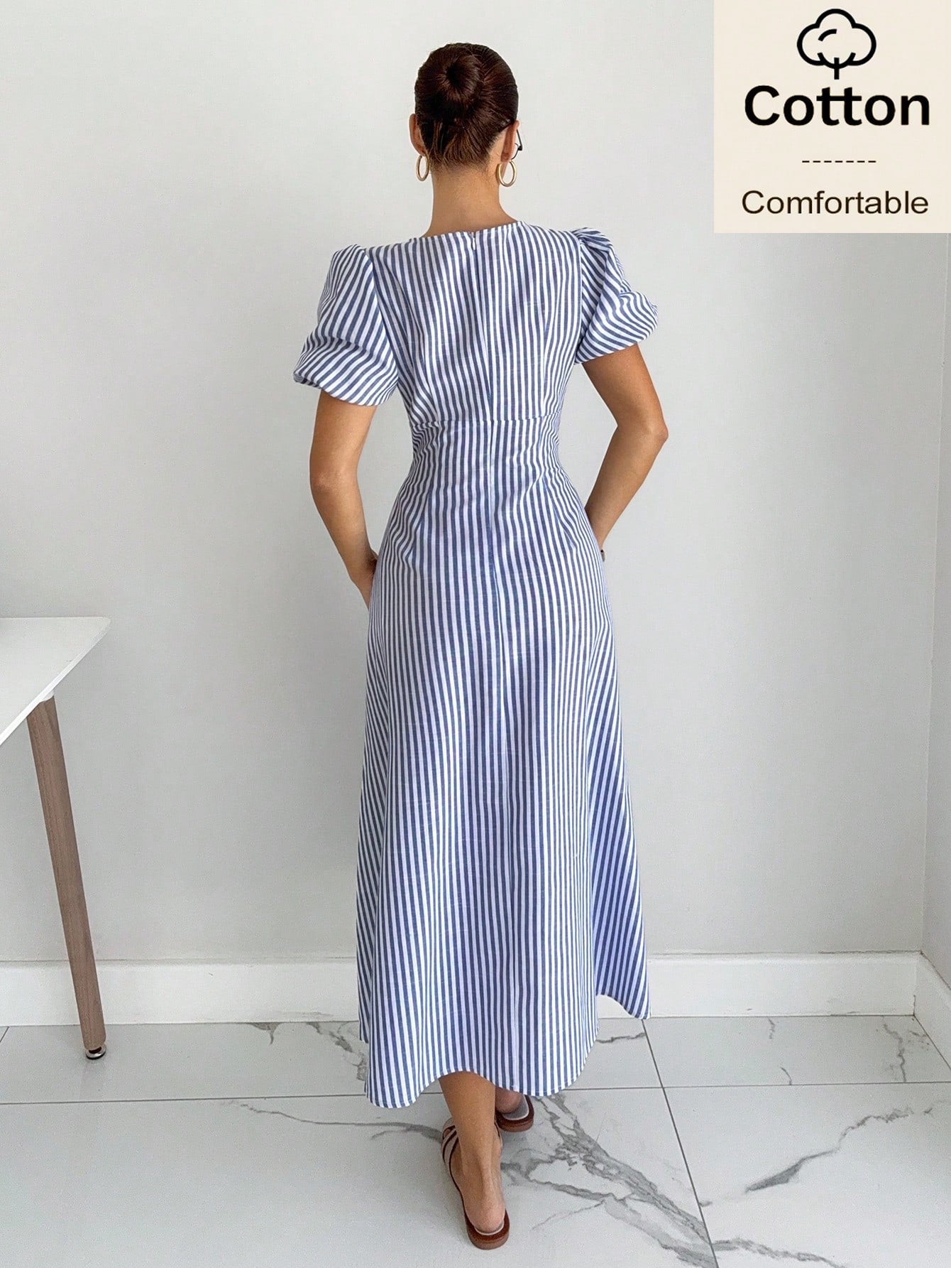 Siren Gaze Cotton Women Blue White Striped Petal Sleeve Midi Dress Summer Elegant French Romantic V Neck A-Line Holiday Tea Party Vacation Casual Commuting