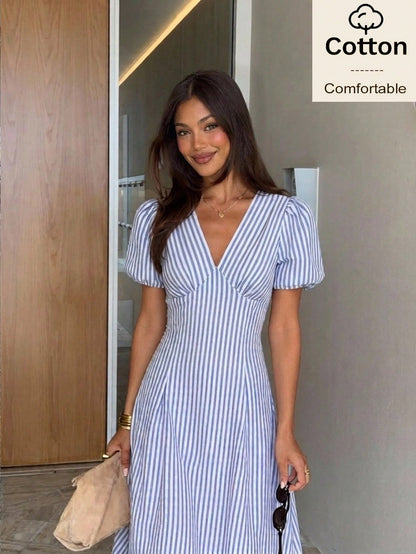 Siren Gaze Cotton Women Blue White Striped Petal Sleeve Midi Dress Summer Elegant French Romantic V Neck A-Line Holiday Tea Party Vacation Casual Commuting
