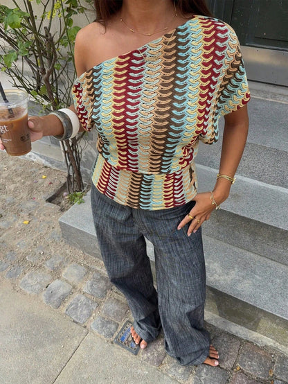 Siren Gaze Retro American Style Color-Blocked Crochet Openwork Off-Shoulder Knit Short-Sleeved Top For Women, Summer Loose Fit, Slimming, Hand-Knitted Wavy Stripes, Casual And Versatile Short Sleeve S