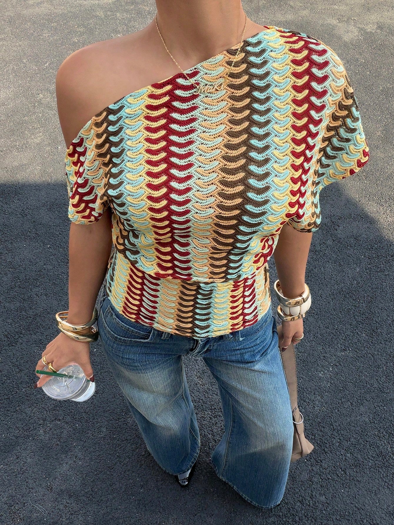 Siren Gaze Retro American Style Color-Blocked Crochet Openwork Off-Shoulder Knit Short-Sleeved Top For Women, Summer Loose Fit, Slimming, Hand-Knitted Wavy Stripes, Casual And Versatile Short Sleeve S