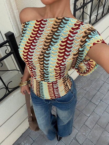 Siren Gaze Retro American Style Color-Blocked Crochet Openwork Off-Shoulder Knit Short-Sleeved Top For Women, Summer Loose Fit, Slimming, Hand-Knitted Wavy Stripes, Casual And Versatile Short Sleeve S