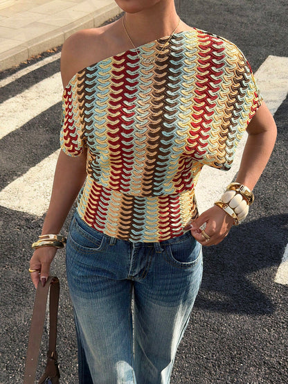 Siren Gaze Retro American Style Color-Blocked Crochet Openwork Off-Shoulder Knit Short-Sleeved Top For Women, Summer Loose Fit, Slimming, Hand-Knitted Wavy Stripes, Casual And Versatile Short Sleeve S