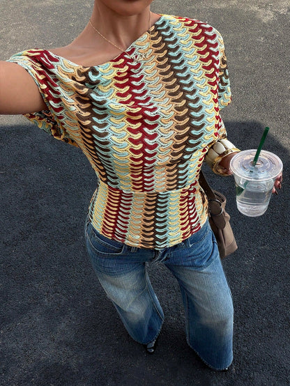 Siren Gaze Retro American Style Color-Blocked Crochet Openwork Off-Shoulder Knit Short-Sleeved Top For Women, Summer Loose Fit, Slimming, Hand-Knitted Wavy Stripes, Casual And Versatile Short Sleeve S