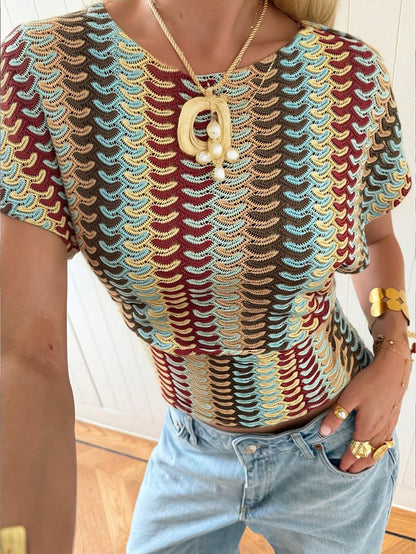 Siren Gaze Retro American Style Color-Blocked Crochet Openwork Off-Shoulder Knit Short-Sleeved Top For Women, Summer Loose Fit, Slimming, Hand-Knitted Wavy Stripes, Casual And Versatile Short Sleeve S