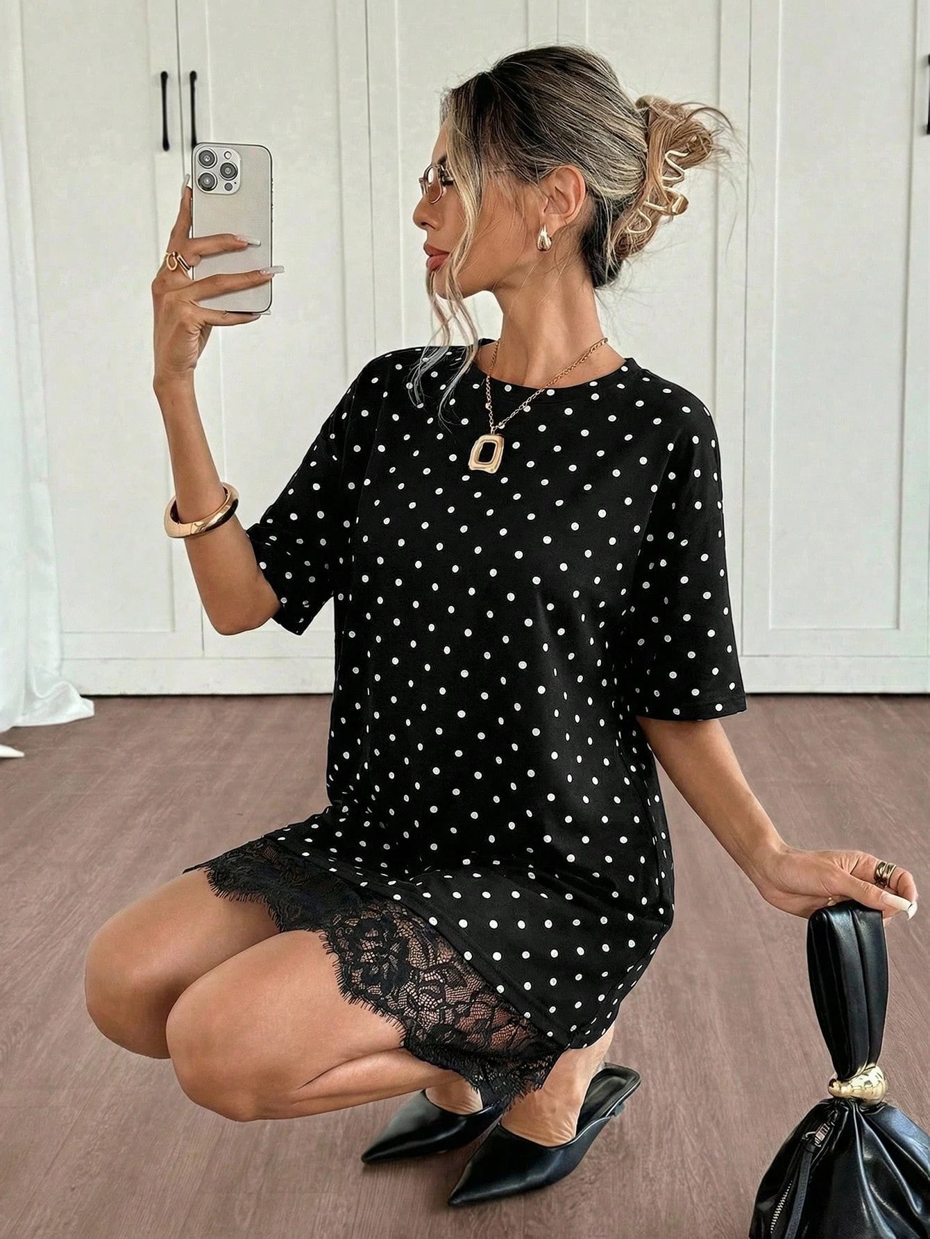 Siren Gaze Summer Elegant Casual Black And White Polka Dot T Shirt Dress For Women,Short Sleeve Lace Trim Oversized Mini Dress,Beach Date Vacation Tea Party