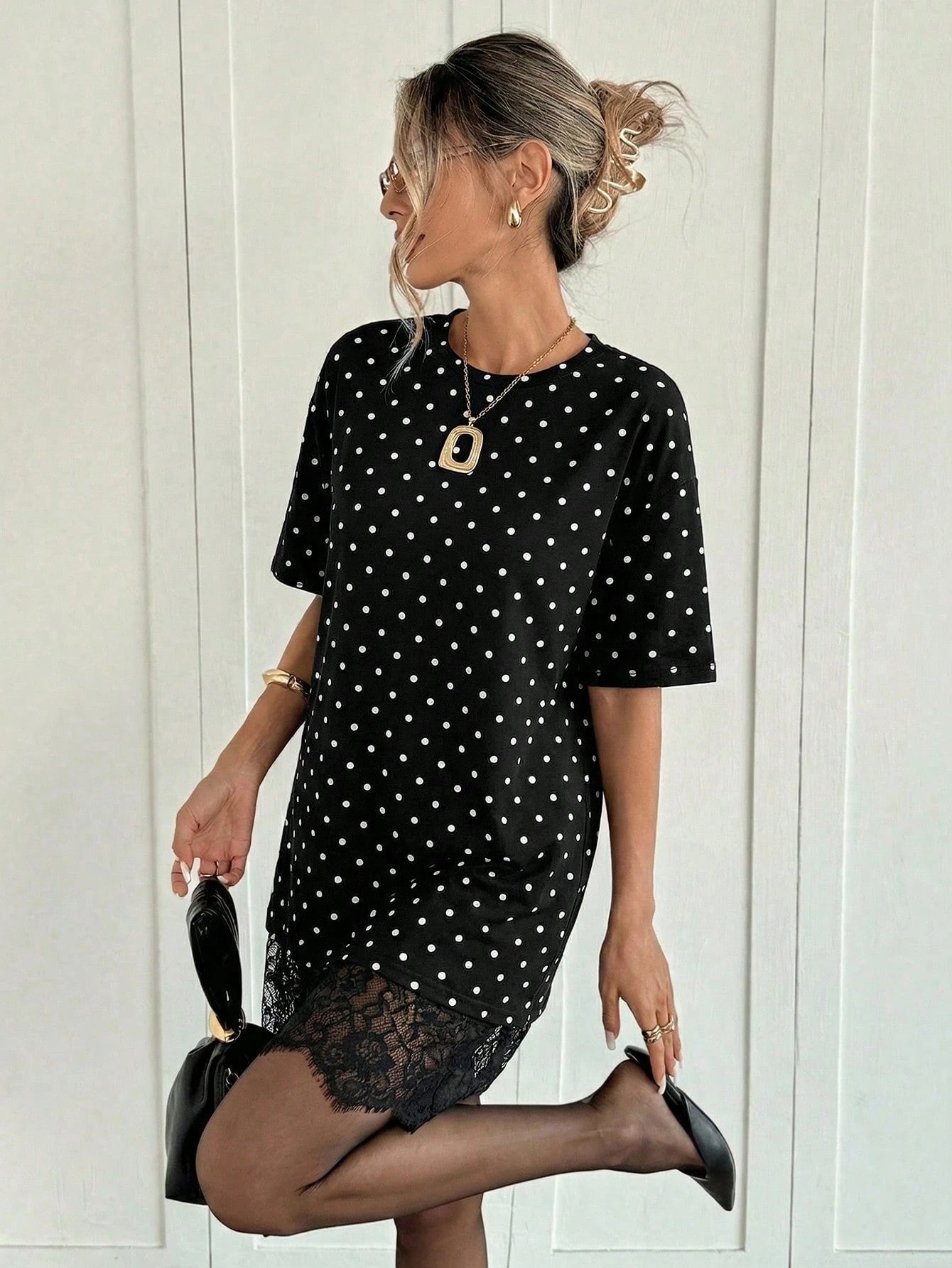 Siren Gaze Summer Elegant Casual Black And White Polka Dot T Shirt Dress For Women,Short Sleeve Lace Trim Oversized Mini Dress,Beach Date Vacation Tea Party