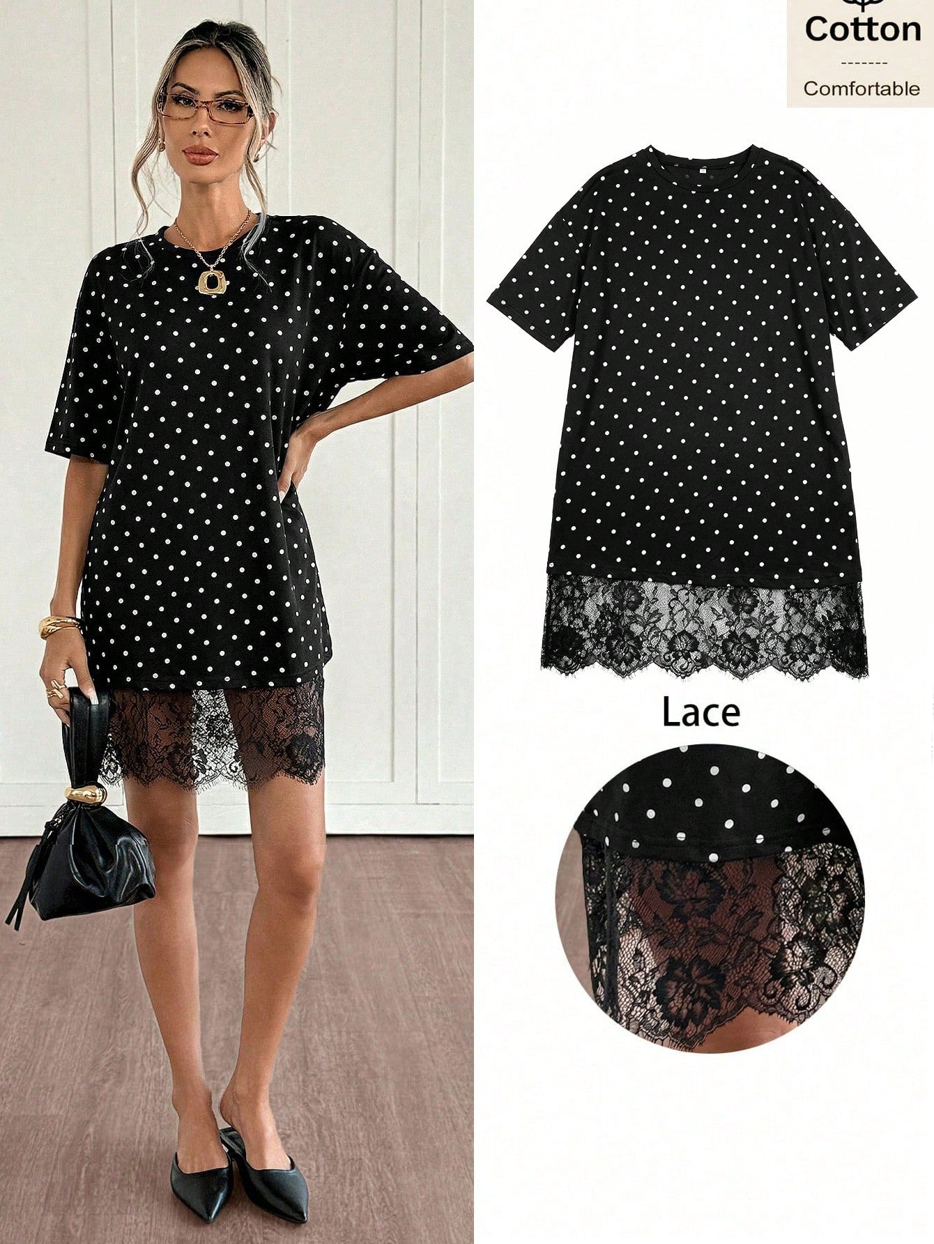 Siren Gaze Summer Elegant Casual Black And White Polka Dot T Shirt Dress For Women,Short Sleeve Lace Trim Oversized Mini Dress,Beach Date Vacation Tea Party