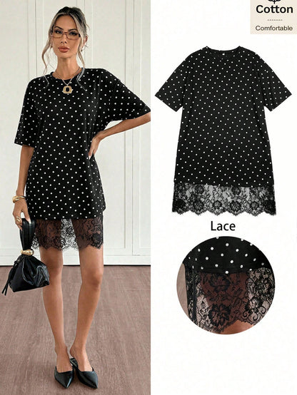 Siren Gaze Summer Elegant Casual Black And White Polka Dot T Shirt Dress For Women,Short Sleeve Lace Trim Oversized Mini Dress,Beach Date Vacation Tea Party