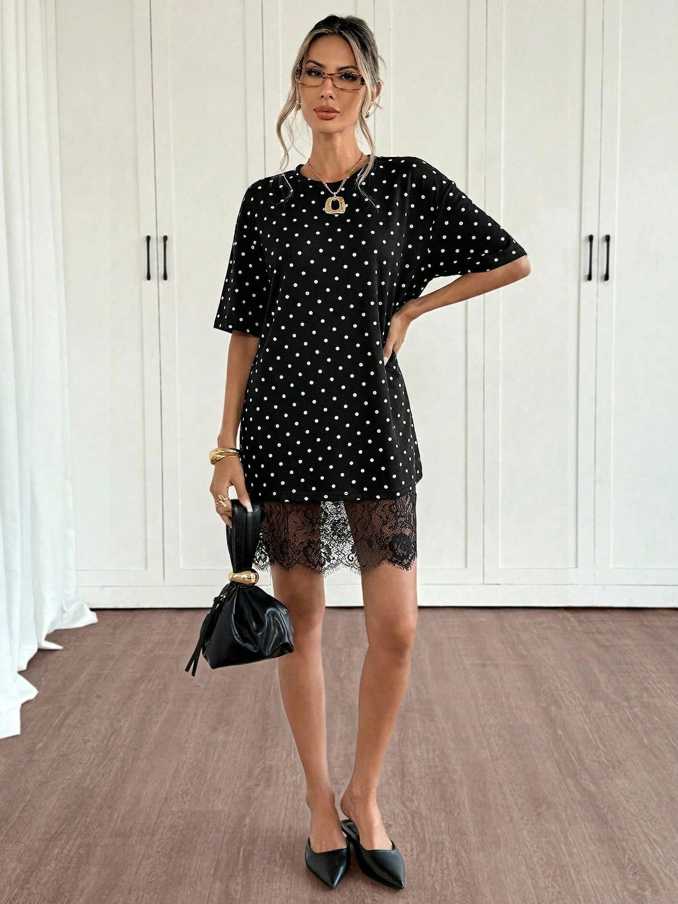 Siren Gaze Summer Elegant Casual Black And White Polka Dot T Shirt Dress For Women,Short Sleeve Lace Trim Oversized Mini Dress,Beach Date Vacation Tea Party