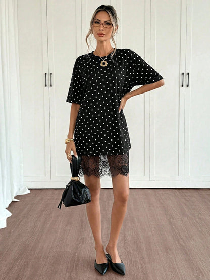 Siren Gaze Summer Elegant Casual Black And White Polka Dot T Shirt Dress For Women,Short Sleeve Lace Trim Oversized Mini Dress,Beach Date Vacation Tea Party