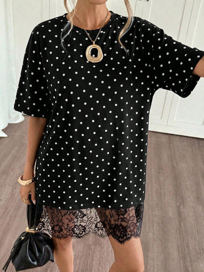 Siren Gaze Summer Elegant Casual Black And White Polka Dot T Shirt Dress For Women,Short Sleeve Lace Trim Oversized Mini Dress,Beach Date Vacation Tea Party