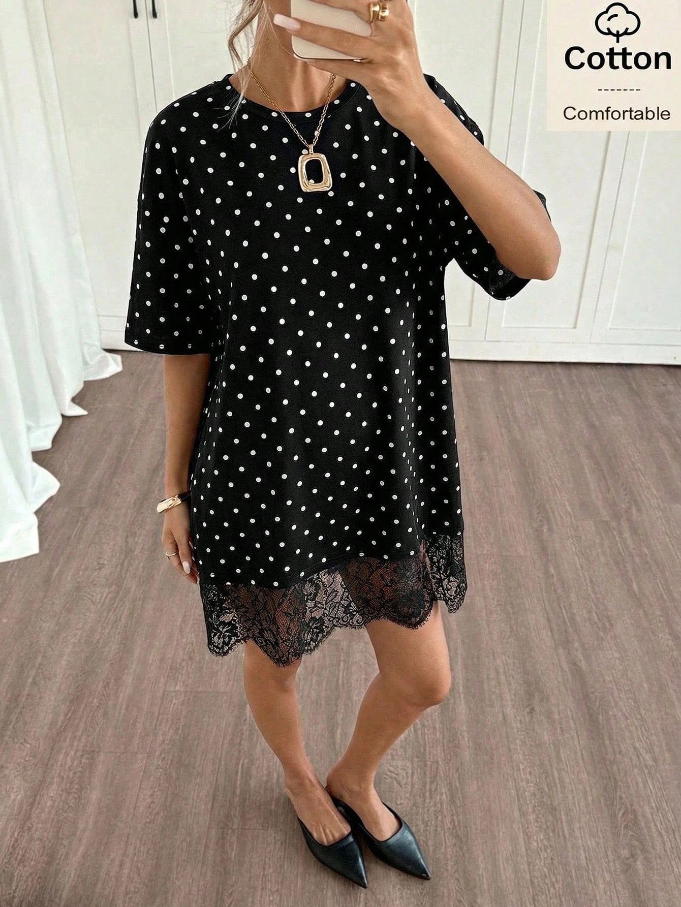 Siren Gaze Summer Elegant Casual Black And White Polka Dot T Shirt Dress For Women,Short Sleeve Lace Trim Oversized Mini Dress,Beach Date Vacation Tea Party