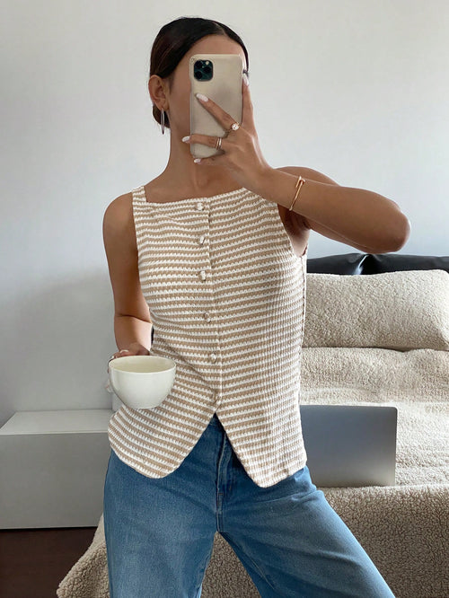 Siren Gaze Women Beige And Stripe Summer Elegant French Brunch Sleeveless Blouse Square Collar Button Front Slit Textured Top Cinched Waist Office Date Birthday
