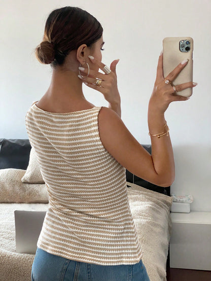 Siren Gaze Women Beige And Stripe Summer Elegant French Brunch Sleeveless Blouse Square Collar Button Front Slit Textured Top Cinched Waist Office Date Birthday