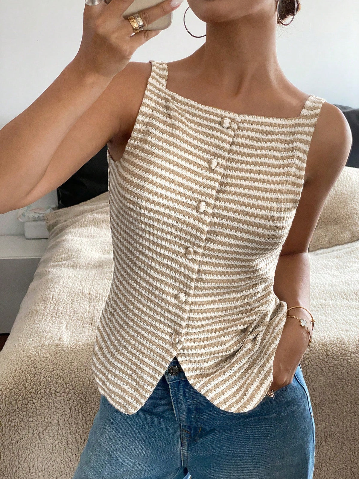 Siren Gaze Women Beige And Stripe Summer Elegant French Brunch Sleeveless Blouse Square Collar Button Front Slit Textured Top Cinched Waist Office Date Birthday