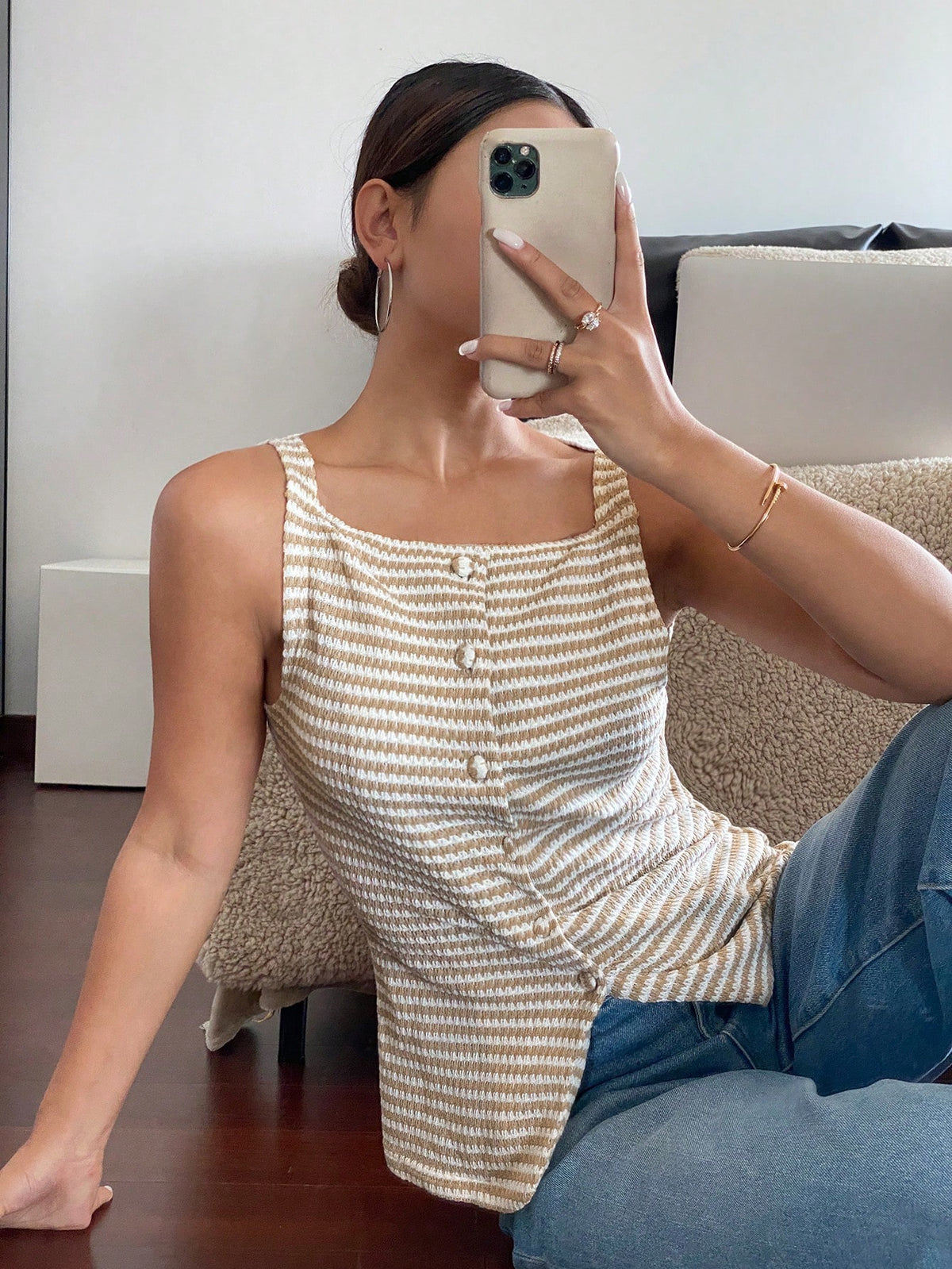 Siren Gaze Women Beige And Stripe Summer Elegant French Brunch Sleeveless Blouse Square Collar Button Front Slit Textured Top Cinched Waist Office Date Birthday