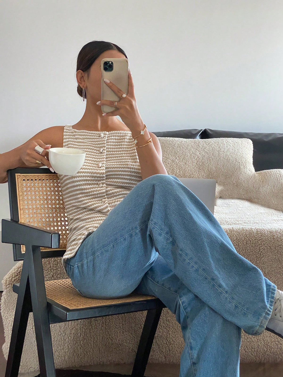 Siren Gaze Women Beige And Stripe Summer Elegant French Brunch Sleeveless Blouse Square Collar Button Front Slit Textured Top Cinched Waist Office Date Birthday