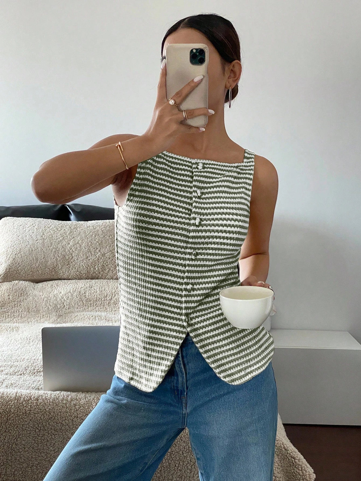 Siren Gaze Women Beige And Stripe Summer Elegant French Brunch Sleeveless Blouse Square Collar Button Front Slit Textured Top Cinched Waist Office Date Birthday