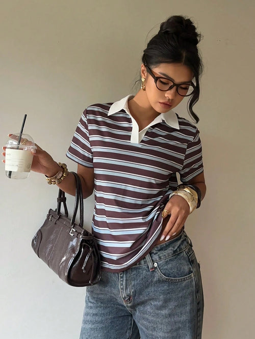 Siren Gaze Women's 90s Retro Basic Sexy Causual 2000s Brown Striped Polo Shirt, Summer Short Sleeve T-Shirt Contrasting Collar, Preppy School Back-To-School Golf