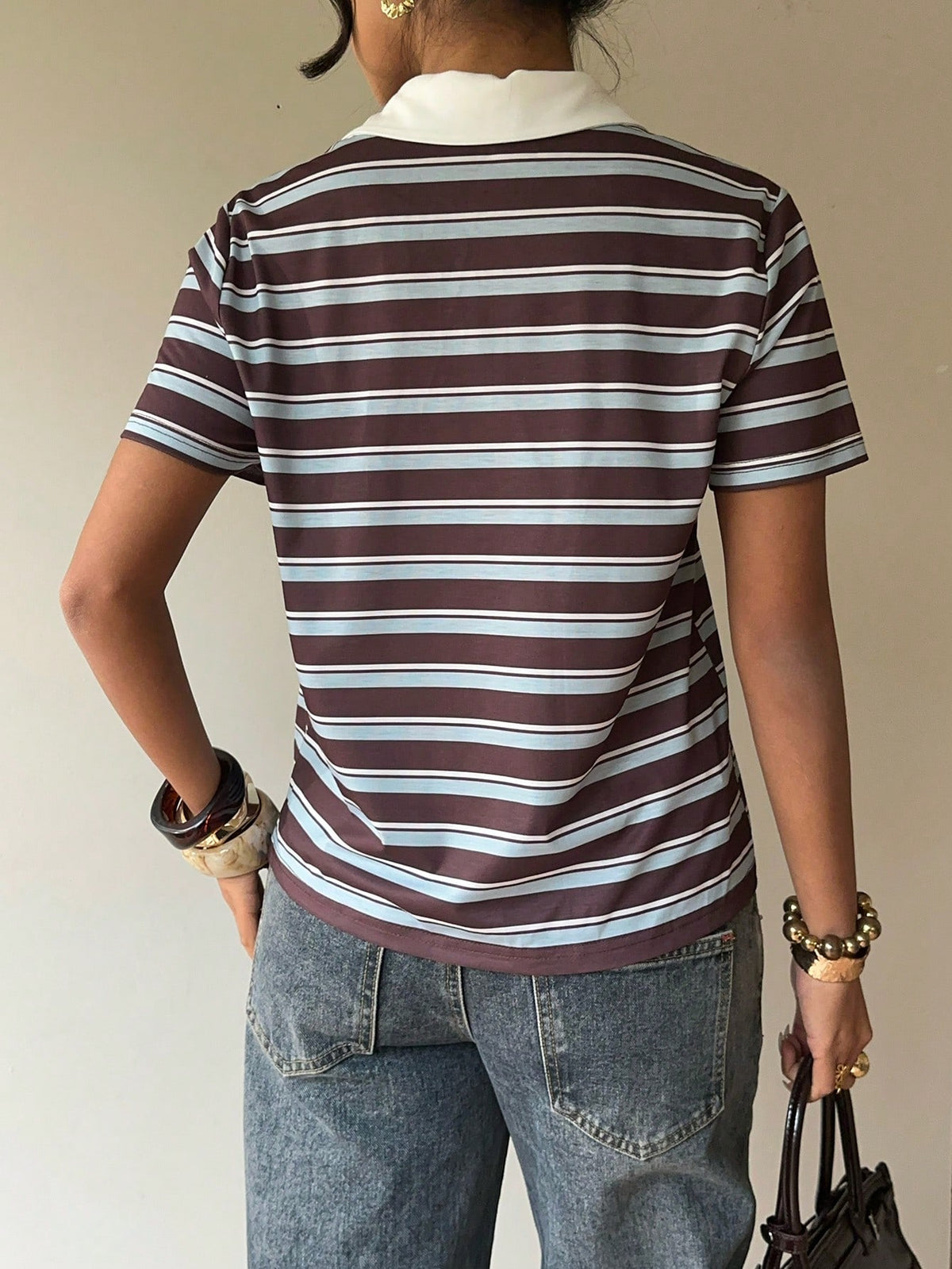 Siren Gaze Women's 90s Retro Basic Sexy Causual 2000s Brown Striped Polo Shirt, Summer Short Sleeve T-Shirt Contrasting Collar, Preppy School Back-To-School Golf