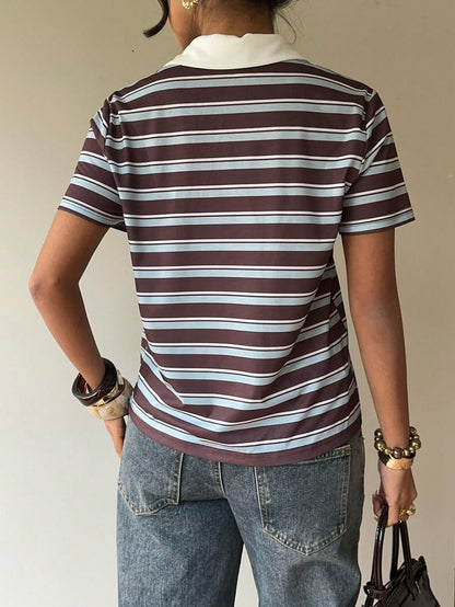 Siren Gaze Women's 90s Retro Basic Sexy Causual 2000s Brown Striped Polo Shirt, Summer Short Sleeve T-Shirt Contrasting Collar, Preppy School Back-To-School Golf