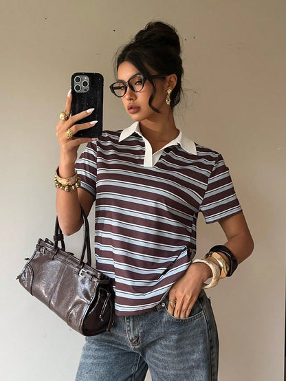 Siren Gaze Women's 90s Retro Basic Sexy Causual 2000s Brown Striped Polo Shirt, Summer Short Sleeve T-Shirt Contrasting Collar, Preppy School Back-To-School Golf