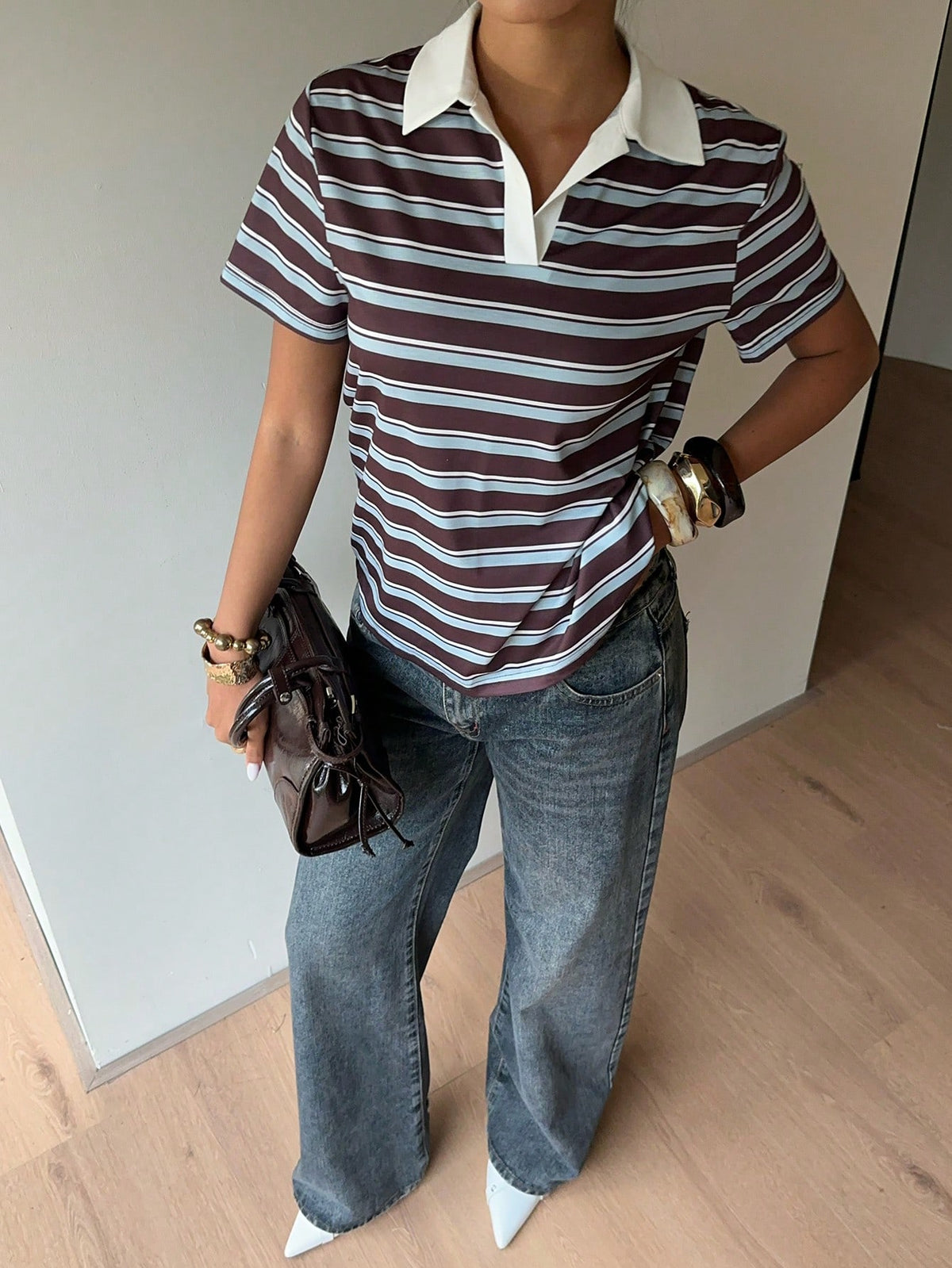 Siren Gaze Women's 90s Retro Basic Sexy Causual 2000s Brown Striped Polo Shirt, Summer Short Sleeve T-Shirt Contrasting Collar, Preppy School Back-To-School Golf