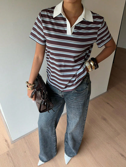 Siren Gaze Women's 90s Retro Basic Sexy Causual 2000s Brown Striped Polo Shirt, Summer Short Sleeve T-Shirt Contrasting Collar, Preppy School Back-To-School Golf