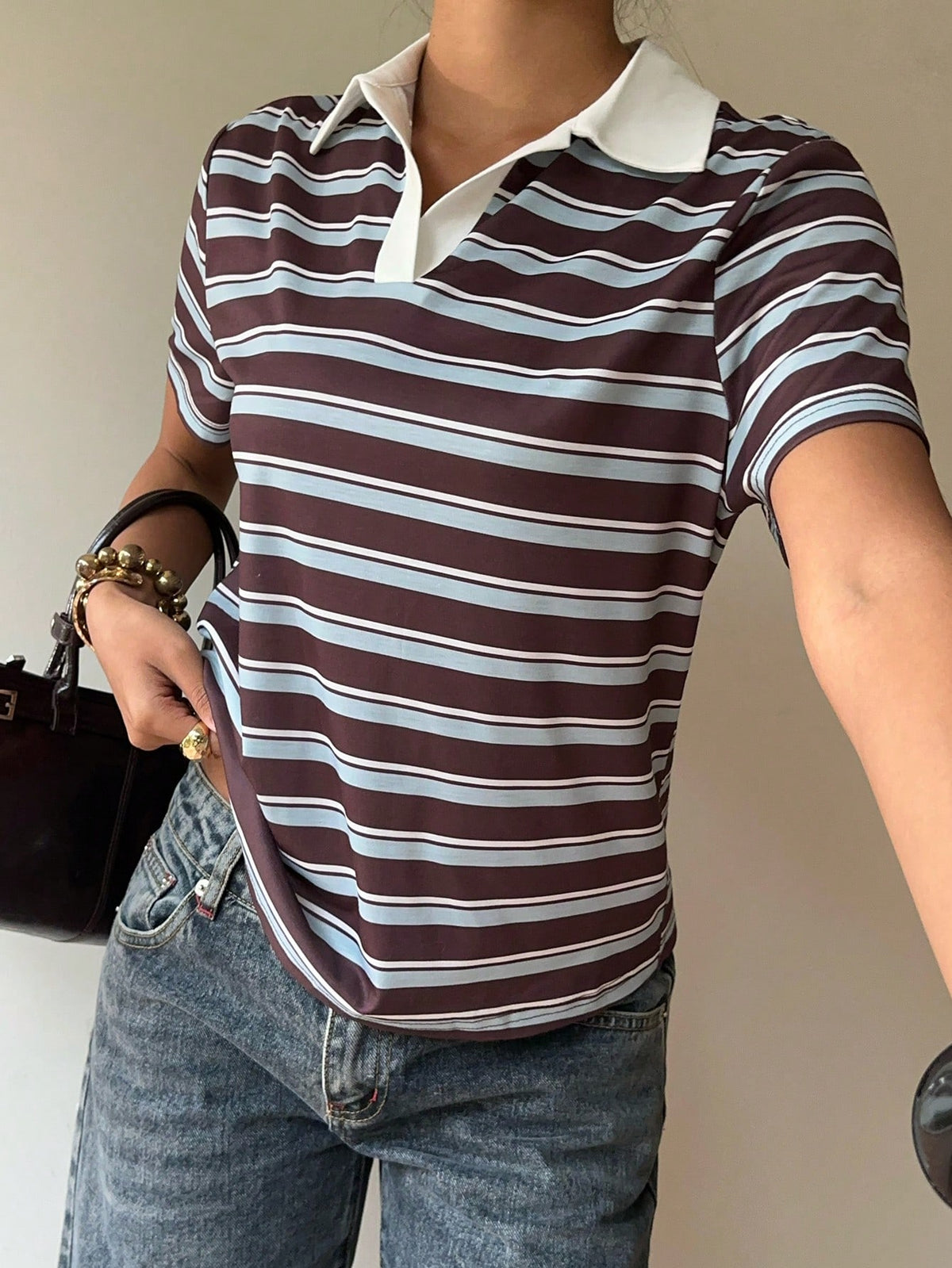 Siren Gaze Women's 90s Retro Basic Sexy Causual 2000s Brown Striped Polo Shirt, Summer Short Sleeve T-Shirt Contrasting Collar, Preppy School Back-To-School Golf
