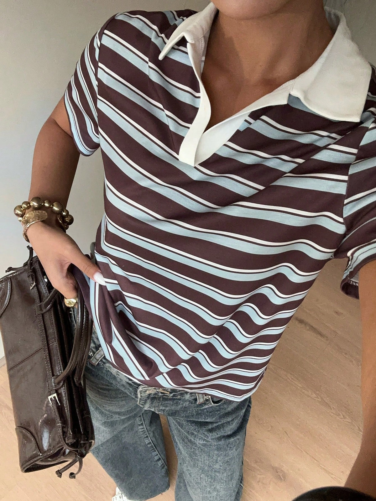 Siren Gaze Women's 90s Retro Basic Sexy Causual 2000s Brown Striped Polo Shirt, Summer Short Sleeve T-Shirt Contrasting Collar, Preppy School Back-To-School Golf
