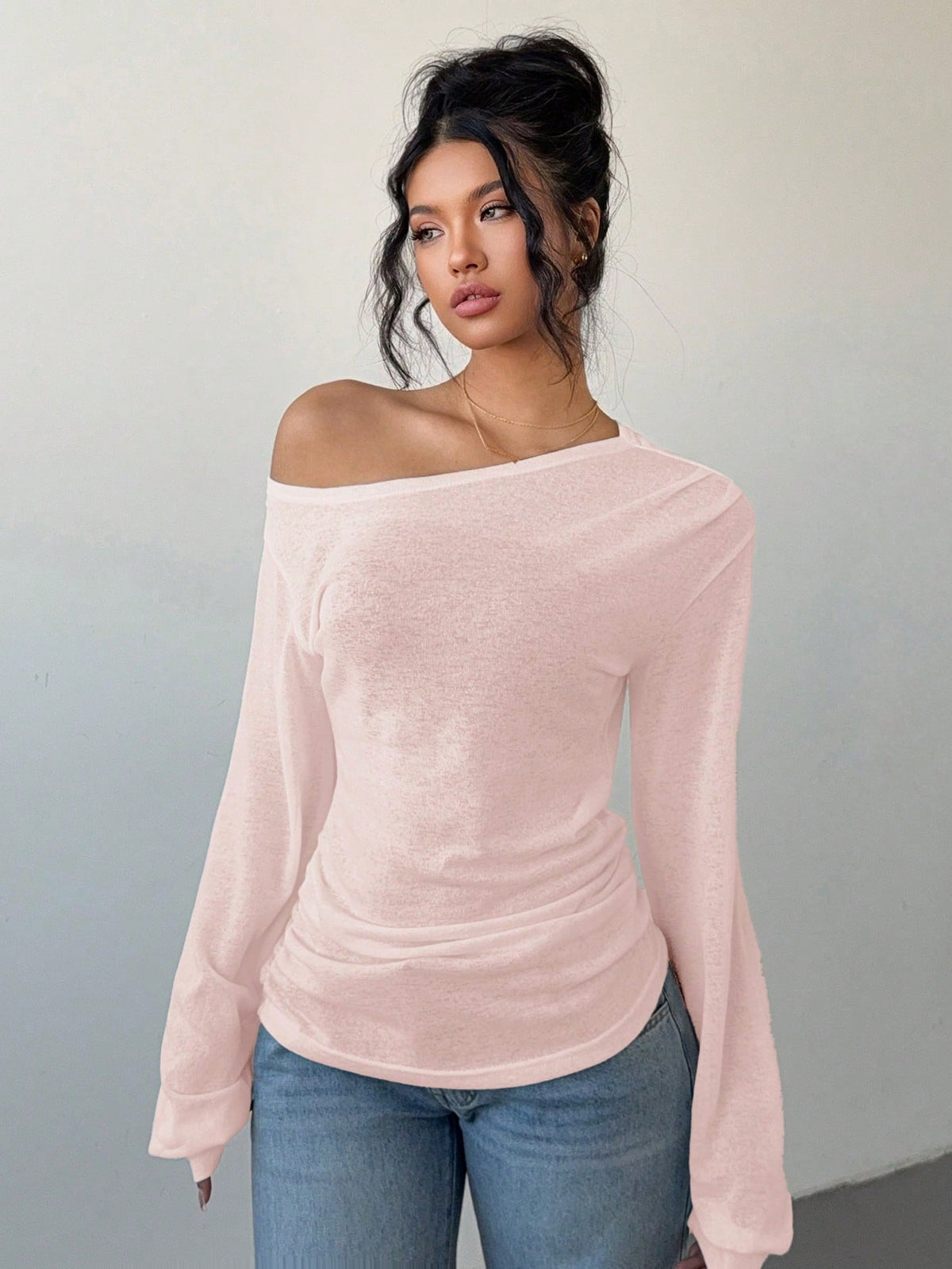 Siren Gaze Women's Baby Pink Autumn Casual Elegant Date Long-Sleeved T-Shirt,Solid Color Slope Collar Off The Shoulder Top,Loose Slouchy See-Through Blouse