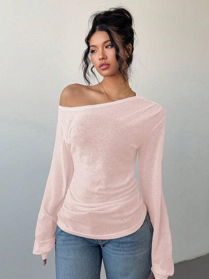 Siren Gaze Women's Baby Pink Autumn Casual Elegant Date Long-Sleeved T-Shirt,Solid Color Slope Collar Off The Shoulder Top,Loose Slouchy See-Through Blouse